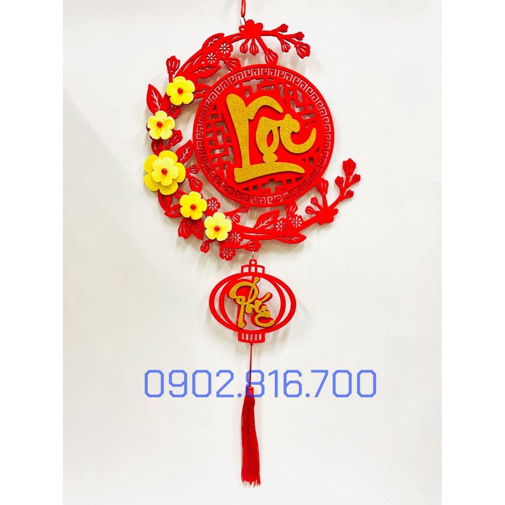 Dây liễng treo nhung đỏ chữ PHÚC - LỘC - THỌ nổi 3D hoa mai vàng phụ kiện trang trí tết