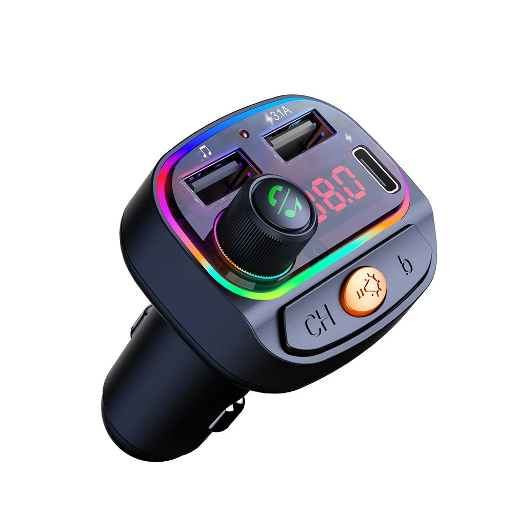 Car Charger USB C BT FM Charger Colorful Backlit Hands-free Calls Music Player with Dual USB Port