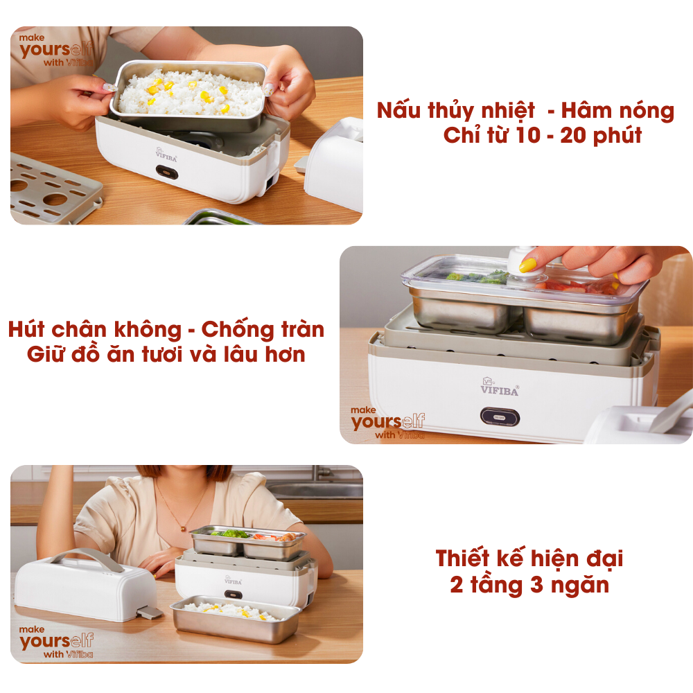 Hộp Cơm Cắm Điện Văn Phòng 2in1 Hàng Chính Hãng VIFIBA, Chức Năng Tự Nấu Chín, Giữ Nhiệt, Hâm Nóng, Có Tay Cầm Dễ Mang Đi