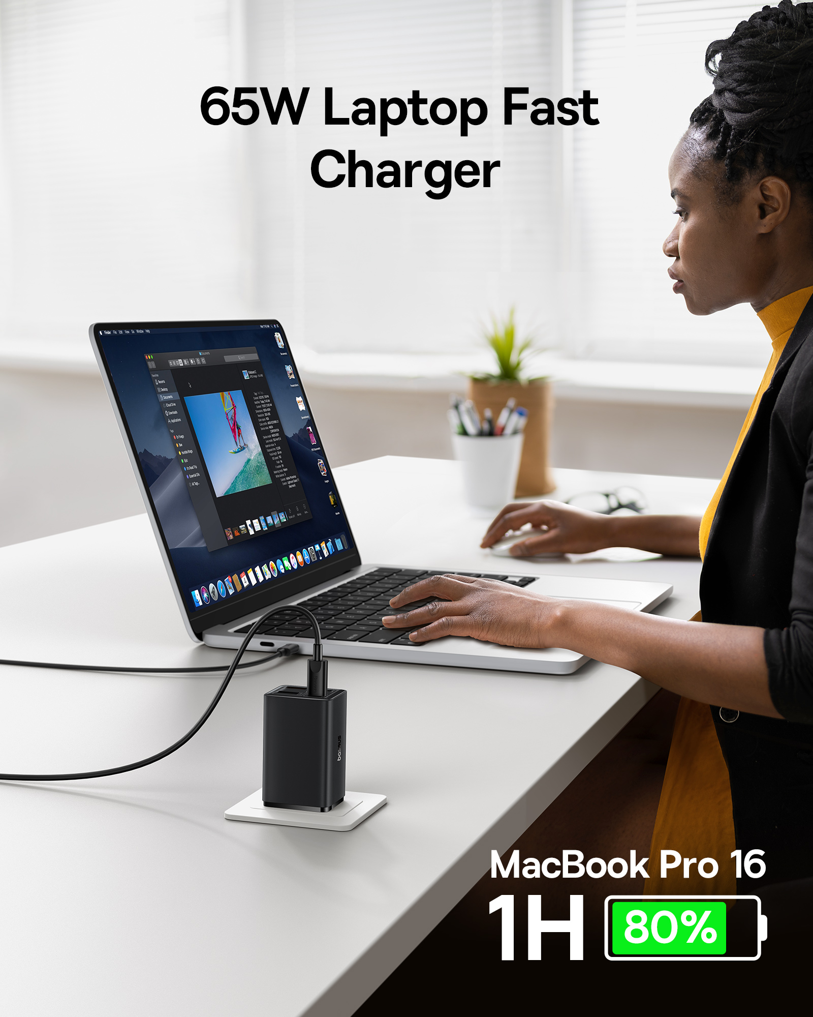 Củ Sạc Nhanh Cho I-Phone, LapTop Baseus 65w GaN6 Pro Quick Charger 2C + 2U Tặng Cáp 100w 1m - Hàng chính hãng