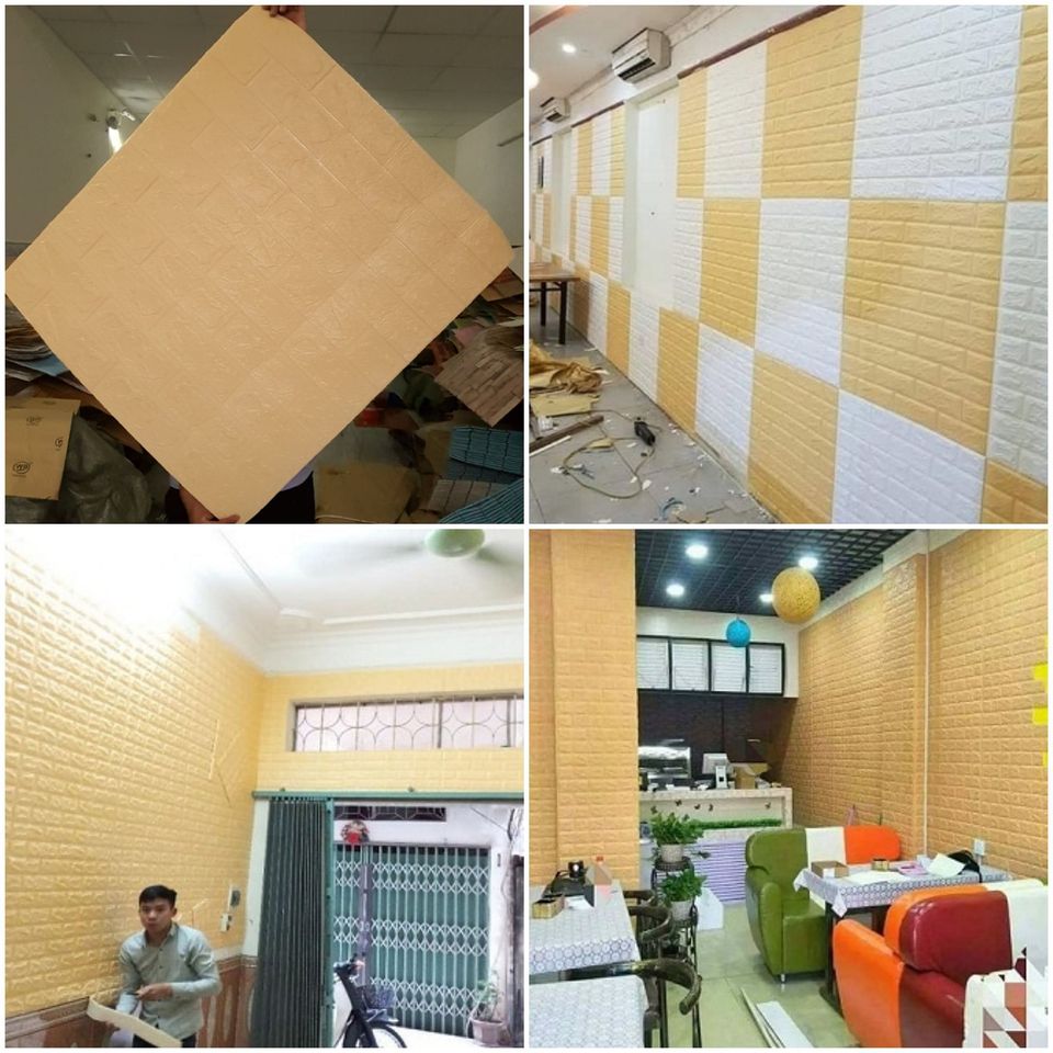 Hàng Loại 1-Combo 5 Tấm Xốp Dán Tường Giả Gạch 3D Màu Vàng Nhạt 70cmx77cm
