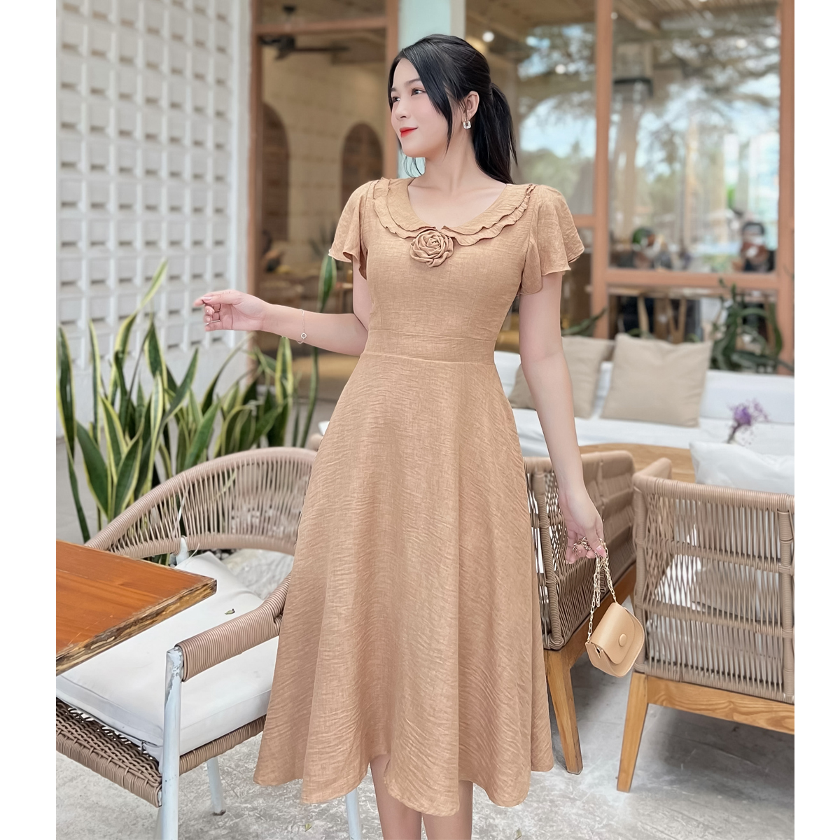 [HCM] Đầm xòe 2 lá cổ gắn hoa dễ thương D087 - Khánh Linh Style - Ladyfashion