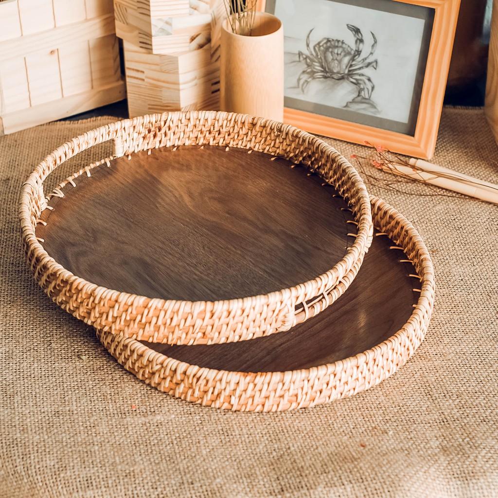 Khay tròn có quai bằng mây đế gỗ - Khay mây tròn-Wooden tea tray