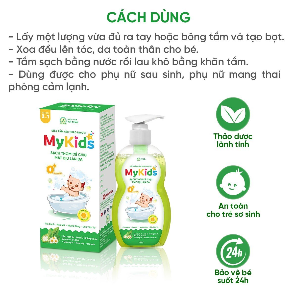 Sữa tắm gội thảo dược Mykids cho bé làm sạch, dưỡng ẩm cho da, bảo vệ da trẻ khỏi mụn nhọt, rôm sảy, mẩn ngứa Chai 200ml