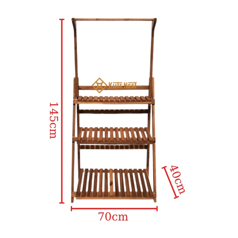 Kệ gỗ 3 tầng, kệ trang trí  có thanh treo tăng đơ, trang trí ban công, sân vườn chất liệu gỗ tràm chuyên dùng ngoài trời - KT dài 70 x rộng 40 x cao (121 – 145) cm - Kute Nest