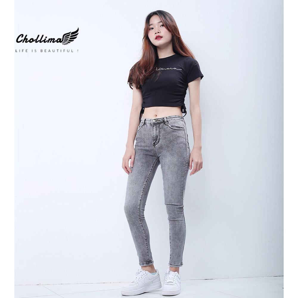 Quần jeans dài nữ co giãn Chollima cạp thường màu xám trắng QD029