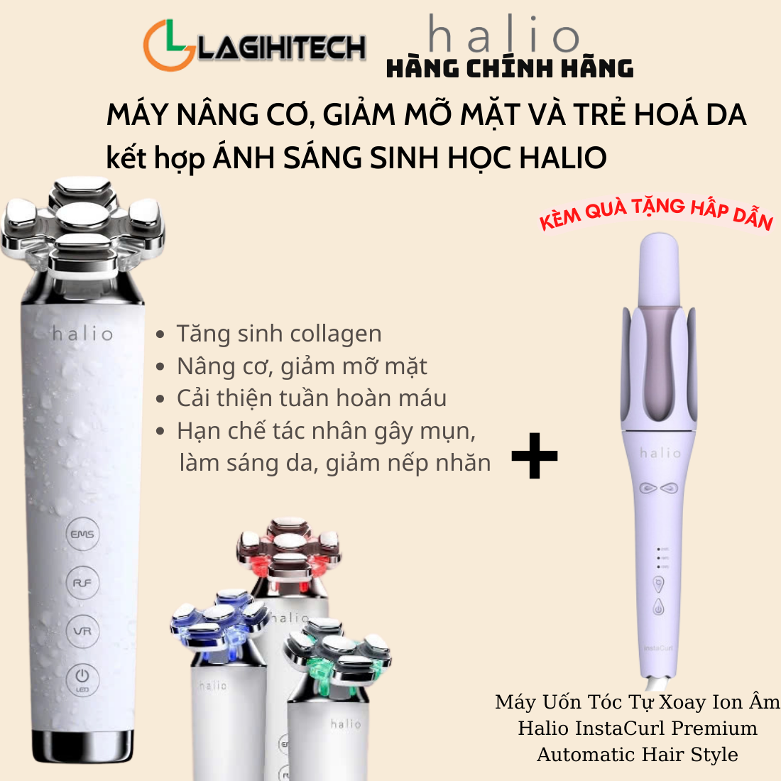 Máy Nâng Cơ Mặt &amp; Trẻ Hoá Da kết hợp Ánh Sáng Sinh Học Halio RevitaWave Skin Rejuvenator - Hàng Chính Hãng