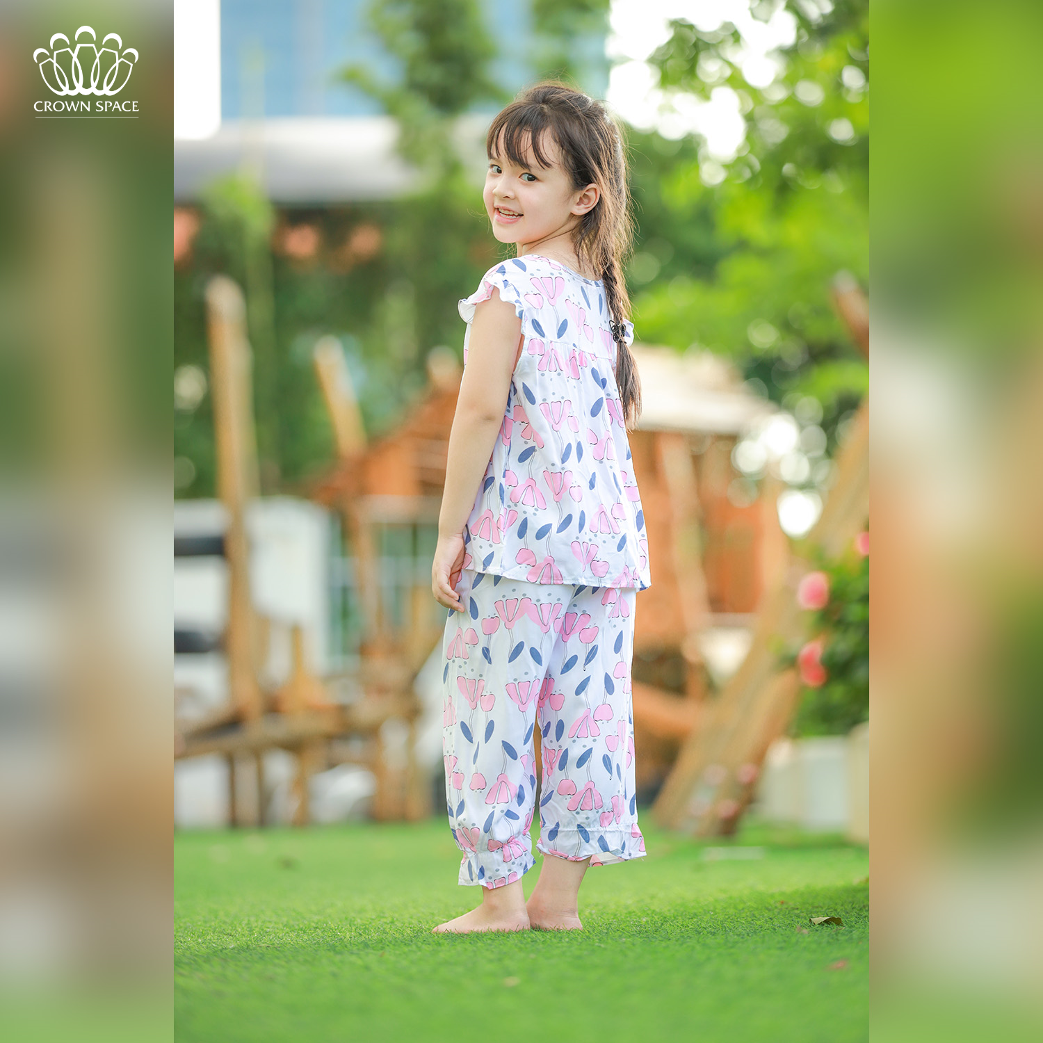 Bộ Mặc Nhà Bé Gái Hoa Tím Chính Hãng Crown Kid CKGS2911206.P Size 4 - 8