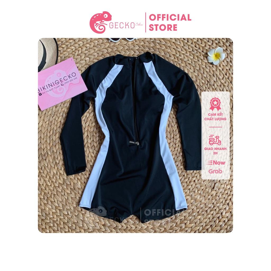 Bikini Đồ Bơi 1 Mảnh Khóa Kéo Đen Viền Trắng Kín Đáo Có Tay Ngắn Tay Dải GK0154 (Ảnh Thật)