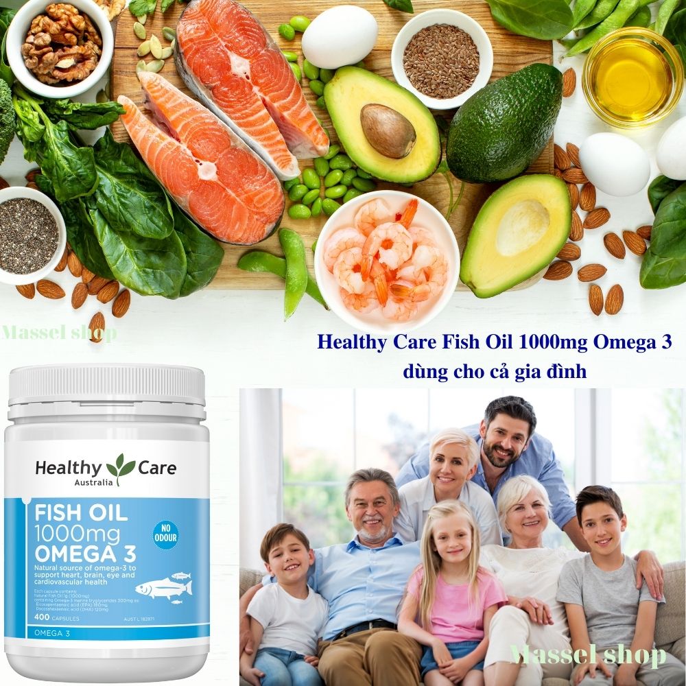 Omega 3 Úc Healthy Care Fish Oil 1000mg Hỗ trợ sức khỏe não bộ, tim mạch, khớp, bổ mắt và tăng sức khỏe tổng thể - Massel Official - 400viên /hộp