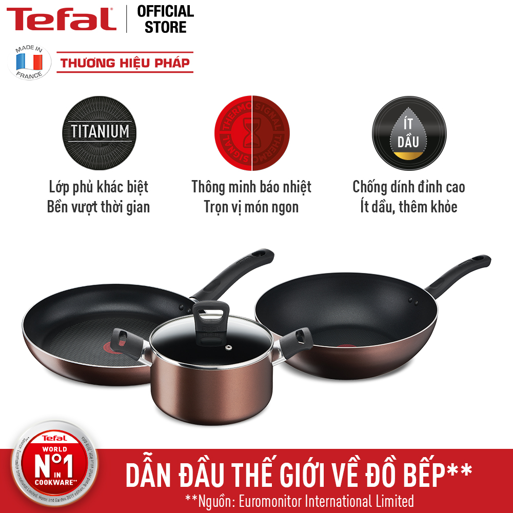 Combo 3 Day By Day chống dính đáy từ Tefal - Chảo chiên 24cm G1430405&Chảo xào 26cm G1437705 & Nồi 20cm G1434406 - Dùng mọi loại bếp - Hàng chính hãng