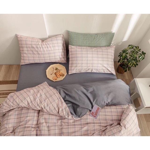 Set Cotton Living Hàng Nhập Khẩu Cao Cấp 4 Món Kẻ Hồng Tím