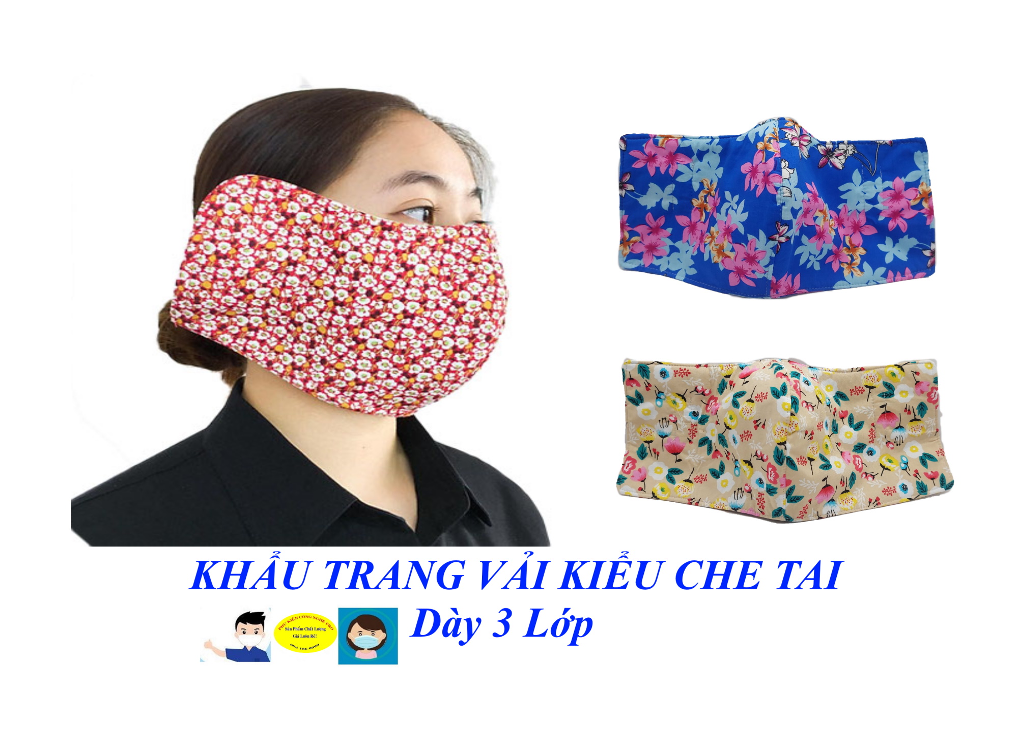 Khẩu trang vải nữ Kiểu che tai Dày 3 lớp In hình hoa bất kỳ Giúp chống nắng, Chống bụi, Bảo vệ sức khỏe, Phòng dịch bệnh