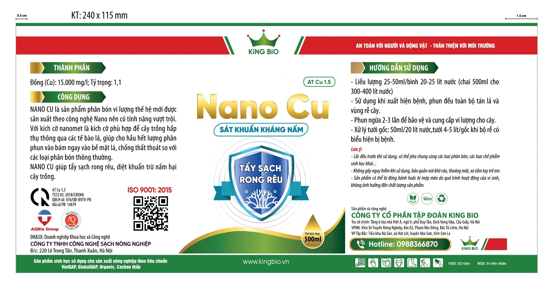 King Nano Cu - Phân bón vi lượng, Tẩy sạch rong rêu, Diệt khuẩn trừ nấm hại cây trồng