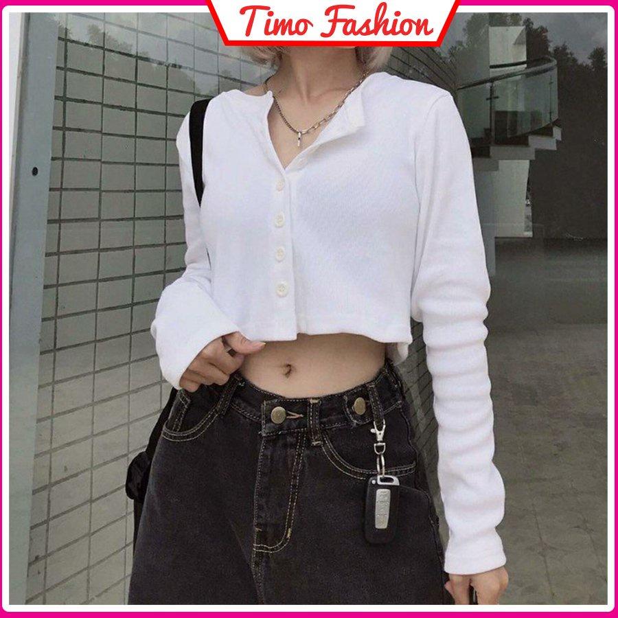 Áo croptop tay dài, áo croptop Yan cổ tim phối khuy unisex dáng ôm dày dặn phong cách trẻ trung, năng động ulzzang AO021