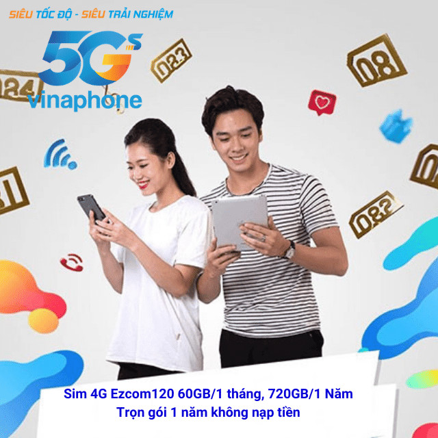 Sim 4G Vinaphone EzCom120Plus, 60GB/1 tháng, 720GB/1 năm, Trọn Gói 12 Tháng Không Nạp Tiền, Hàng Chính Hãng