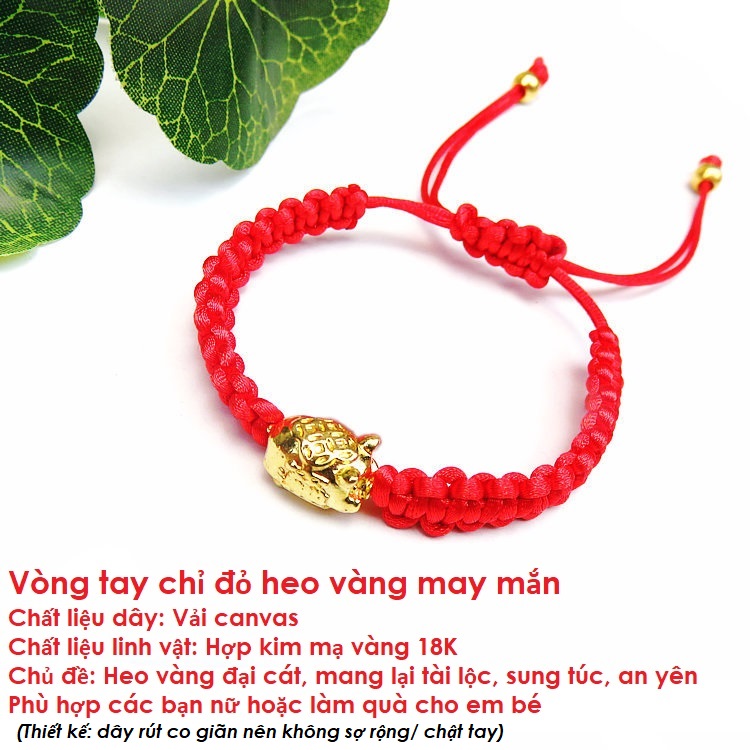 Vòng tay chỉ đỏ heo vàng may mắn,  kèm túi nhung cung hỷ