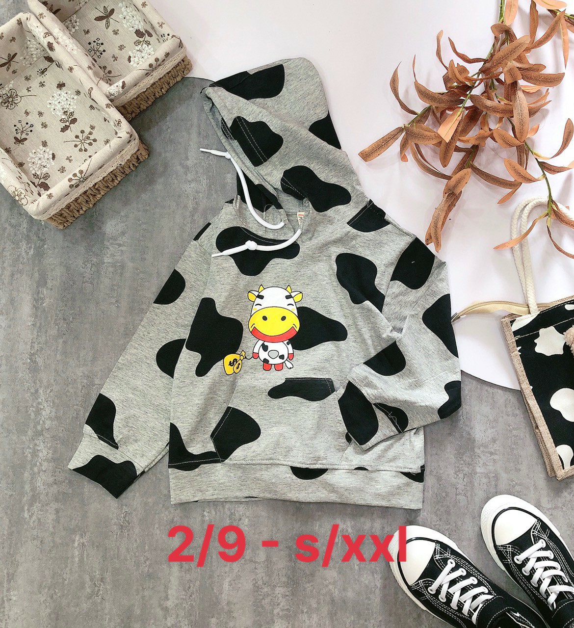 Áo thun hoodie dài tay cho bé trai và bé gái mẫu Bò sữa dễ thương size 12-55kg chất cotton 4 chiều mềm mịn mát