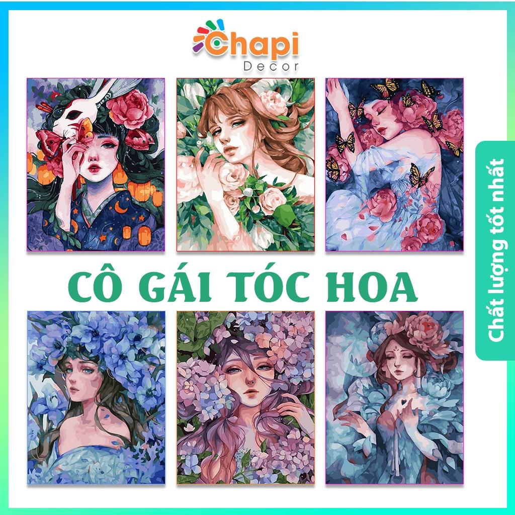 Tranh tô màu số hóa Cô Gái Tóc Hoa, Nàng Thơ KT 40x50cm đã căng khung, Có dầu bóng