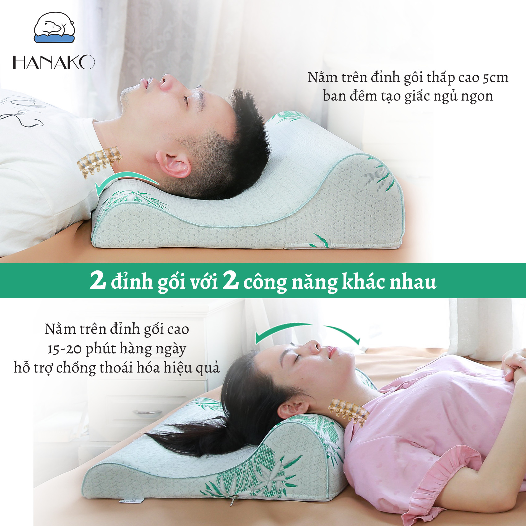 Gối chống thoái hóa đốt sống cổ chuyên dụng 2 đầu gối cao thấp HANAKO - hỗ trợ giảm thiểu đau mỏi vai gáy, cột sống