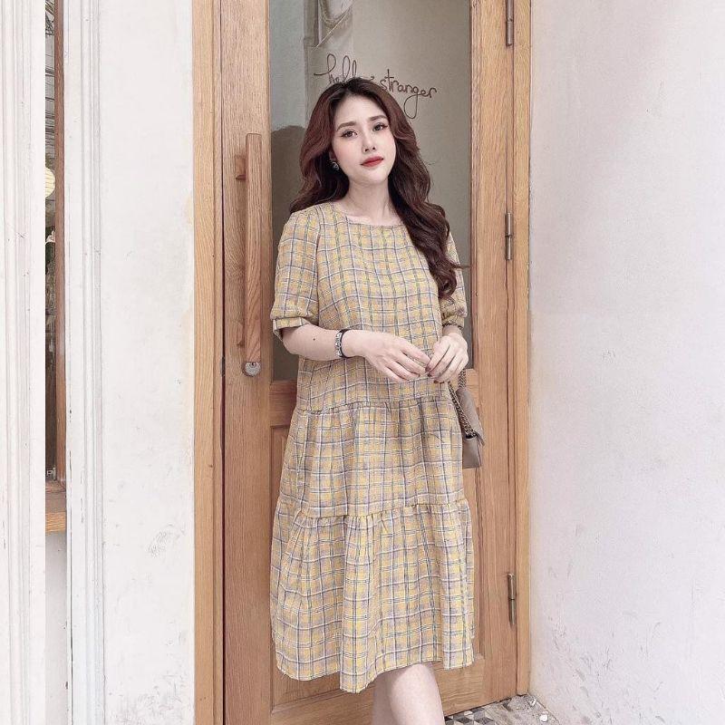 Váy bầu thời trang thiết kế kẻ caro  chất Cotton thô freesize từ 45 đến 70kg