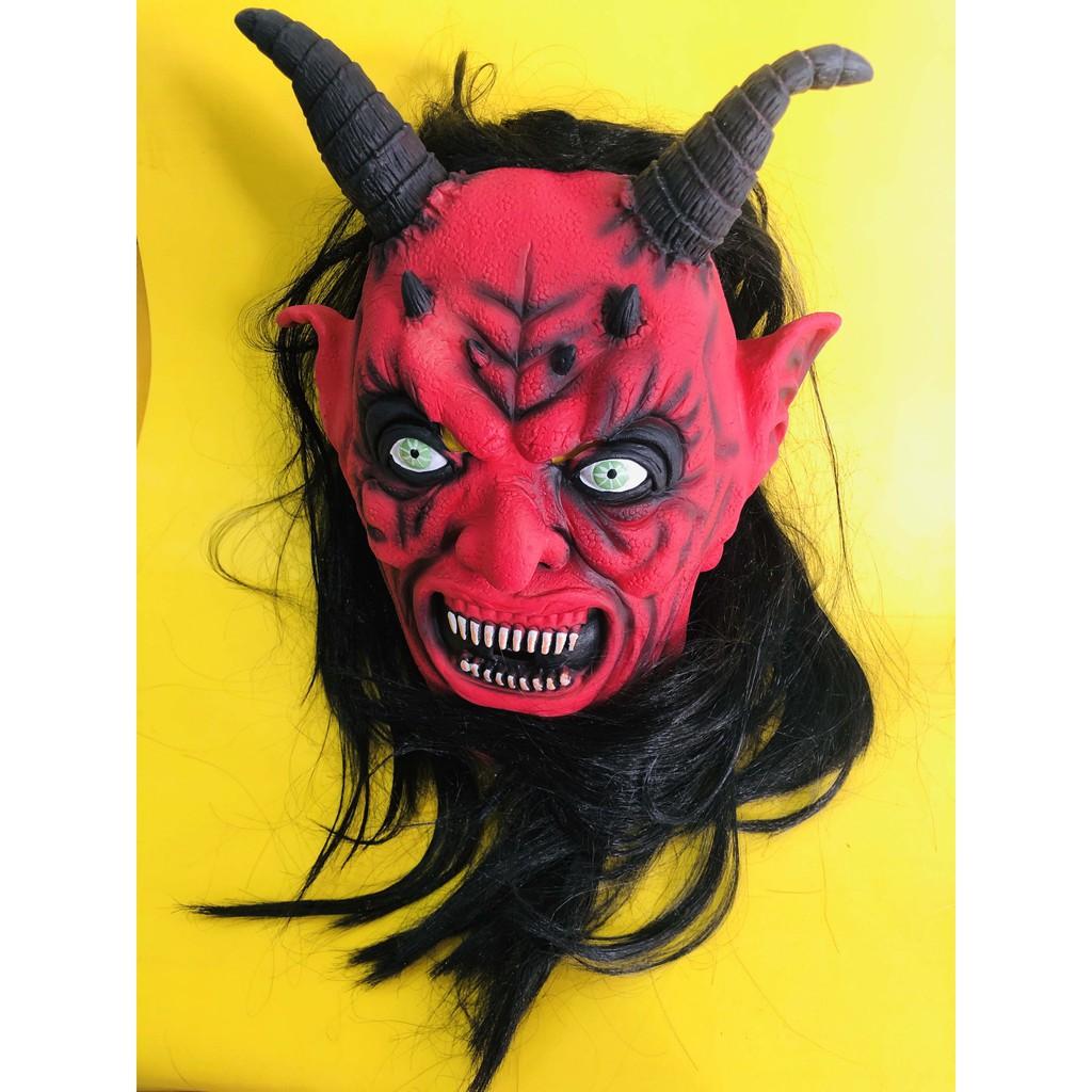 Mặt nạ đỏ 2 sừng kèm bộ tóc đen dài dùng trong hóa trang halloween,trung thu,sự kiện,lễ hội độc đáo