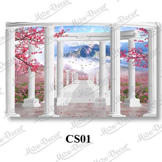Tranh dán tường 3D cửa sổ phong cảnh in decal PP