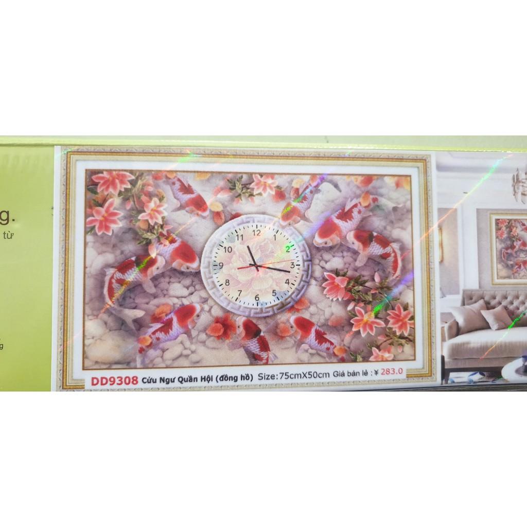 Tranh Đính Đá Đồng Hồ CÁ CỬU NGƯ QUẦN HỘI . Kích Thước: 75cm x 50cm