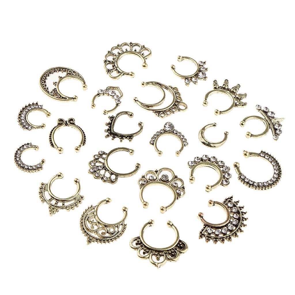 2-3pack 21 Pieces Crystal Fake Septum Clicker Nose Ring Non-piercing Antique
