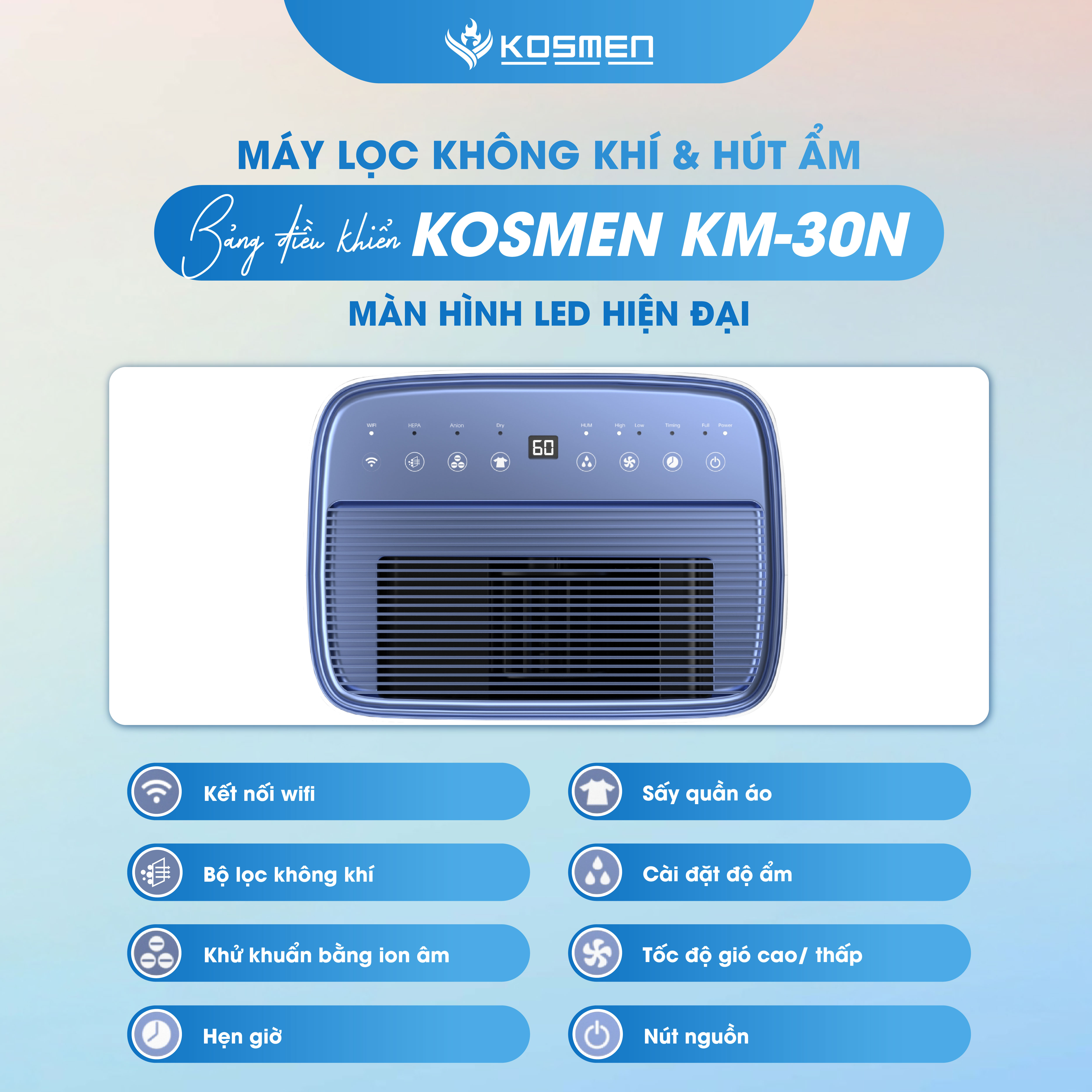 Máy Lọc Không Khí Và Hút Ẩm Kosmen KM - 30N, Lọc Chuyên Sâu, Sấy Quần Áo, Kết Nối Wifi Bằng App  - Hàng Chính Hãng