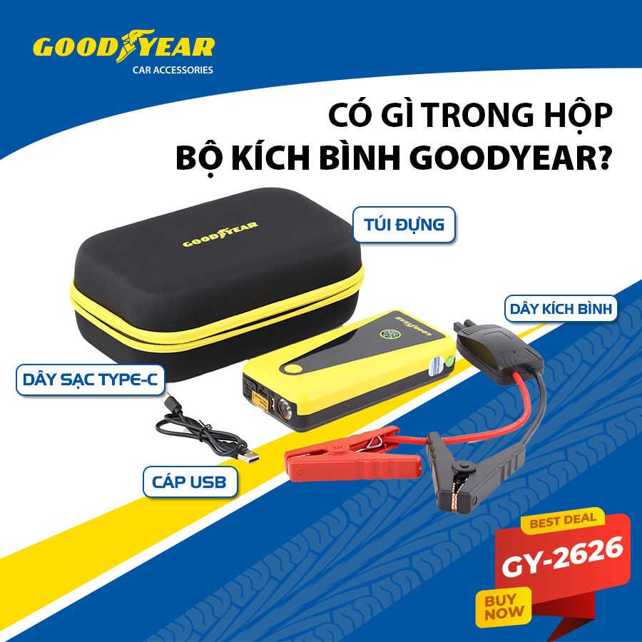Bộ Kích Bình Cho Xe Hơi 400A GOODYEAR GY-2626 Đa Chức Năng Sạc Dự Phòng 6400mAh Đèn LED Khẩn Cấp Tích Hợp La Bàn - Hàng Chính Hãng