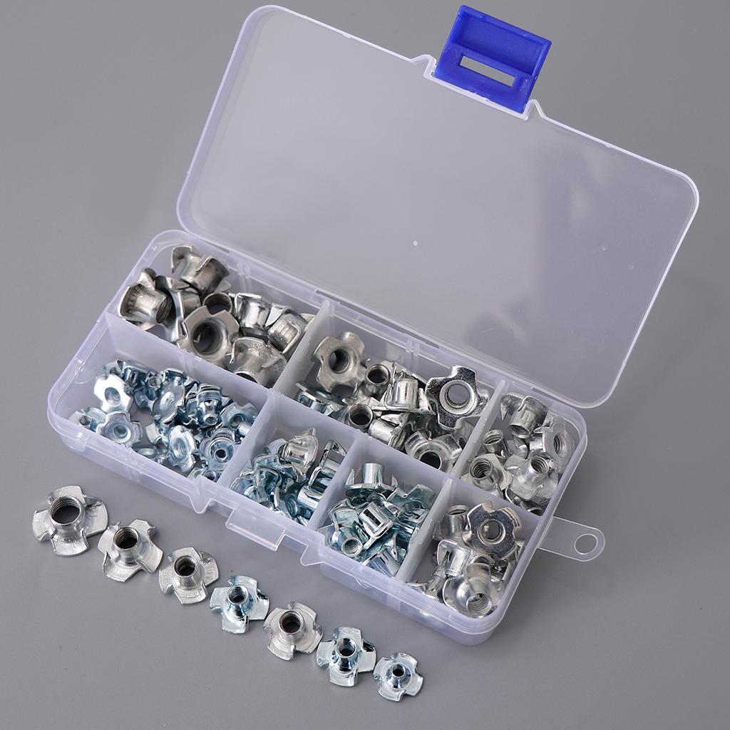 80Pcs M3/M4/M5/M6/M8 Zinc Plated Four Prong Furniture T Nuts Blind Nut Wood