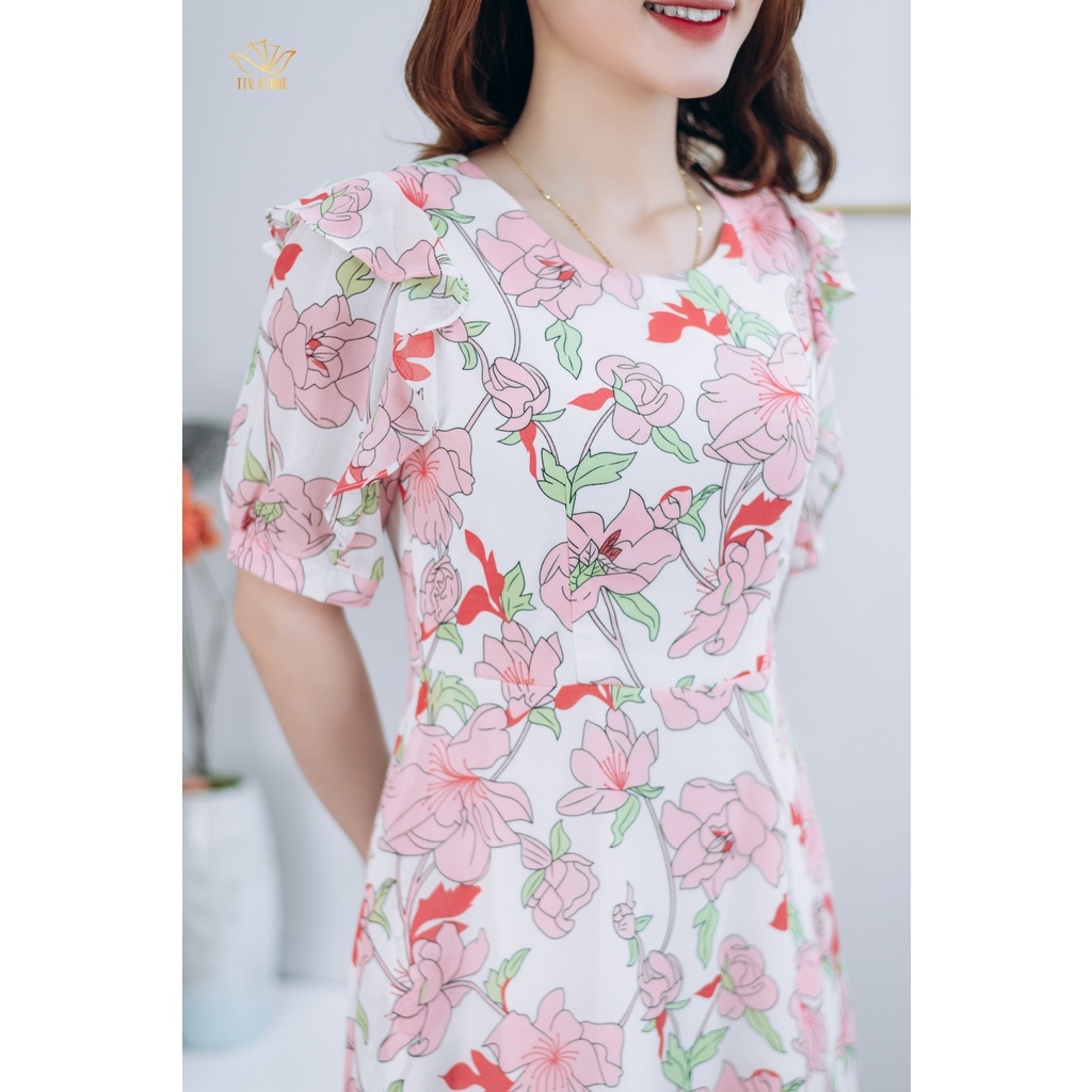 Đầm xòe thiết kế trung niên cao cấp sang trọng Cổ tròn tay bèo lỡ màu Trắng hoa hồng TTV STORE TTV1255