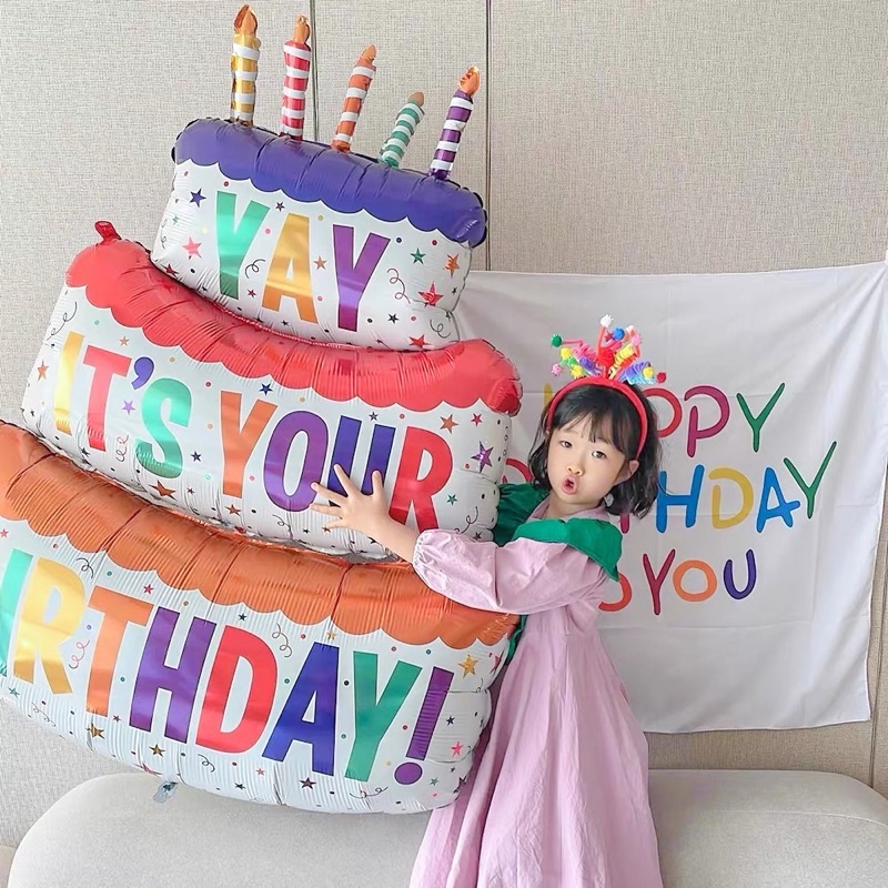 Bong Bóng Kiếng Hình Bánh Sinh Nhật Siêu To Cao Khoảng 80cm Trang Trí Tiệc Bé - Bóng Bánh Kem 32inch