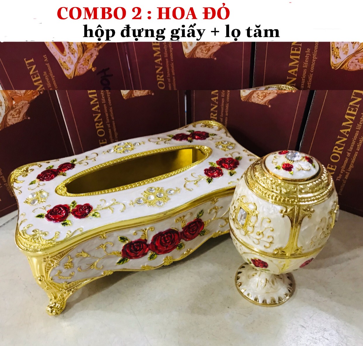 Combo (Hộp đựng giấy ăn+Gạt tàn+Lọ tăm+Hũ đựng trà )phong cách hoàng gia cổ điển cao cấp để bàn mạ màu vàng ,đỏ ,trắng,hoa in nổi