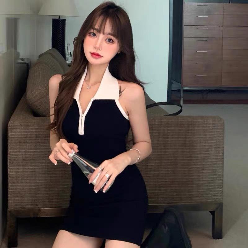 Đầm Mini Body Sát Nách Hở Lưng, Kiểu Cổ Bẻ Trắng Kèm Khóa Kéo Sexy D062