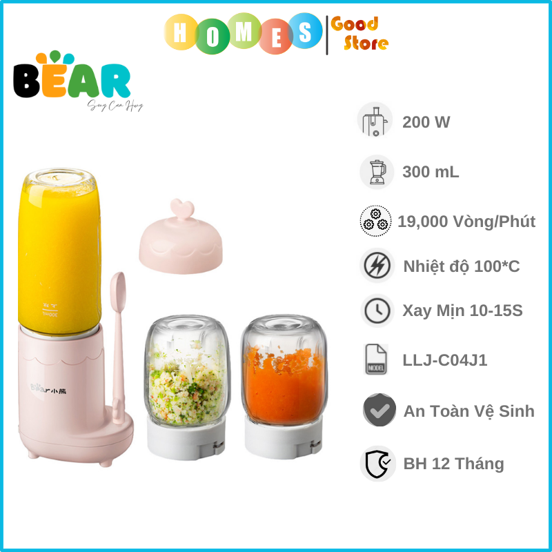 Máy Xay Thực Phẩm, Máy Xay Tiêu Tỏi Ớt Xay Ăn Dặm 3 Cối Thủy Tinh BEAR LLJ-C04J1 Công Suất 200 W - Hàng Chính Hãng