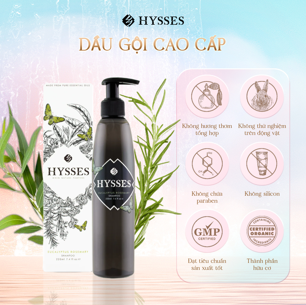 Dầu gội Tinh Dầu Cao Cấp Hysses Giúp Làm Sạch Da Đầu, Dưỡng Ẩm Và Hỗ Trợ Tình Trạng Bóng Nhờn, An Toàn Cho Da Đầu Với Bạch Đàn và Hương Thảo Hữu Cơ Tự Nhiên