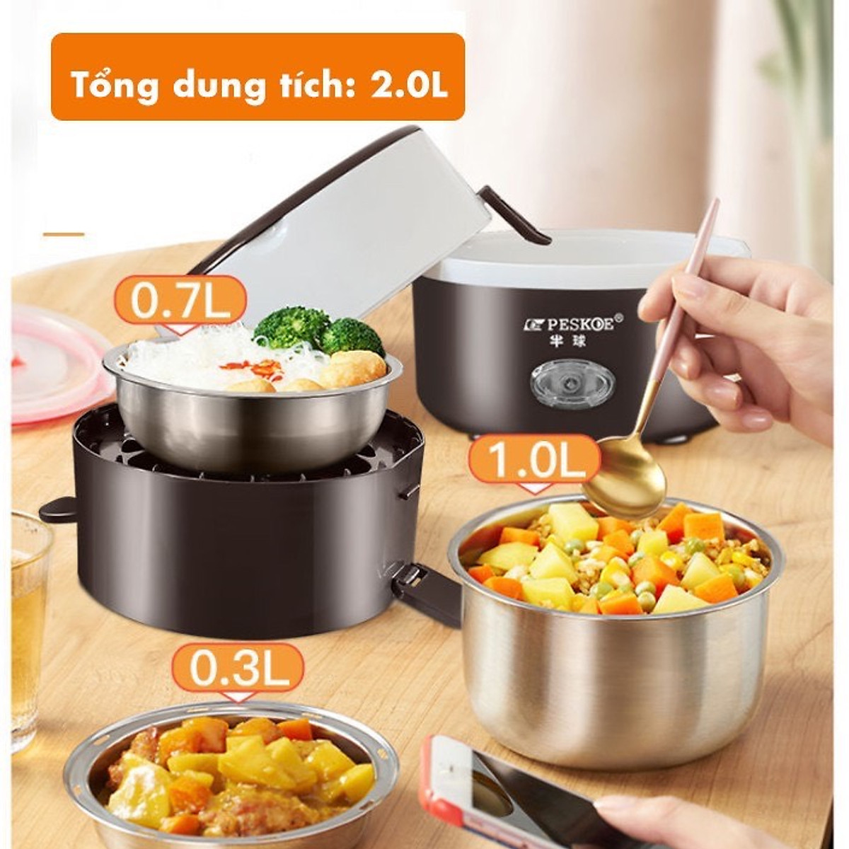 Bộ Hộp Cơm Giữ Nhiệt Văn Phòng Cao Cấp Cắm Điện inox 3 tầng - Chính hãng dododios