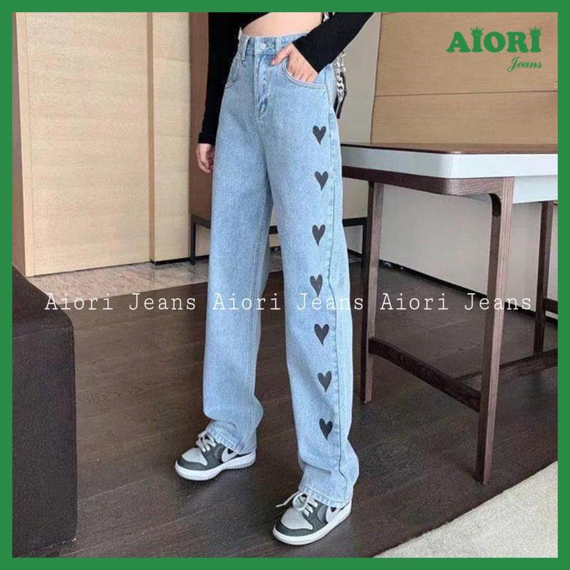 Quần Jeans Nữ - Quần Jean Ống Suông Lưng Cao, Jeans Ống Rộng Cao Cấp, Họa Tiết In Trái Tim Đen, Vải Mềm Mịn, Thoáng Mát