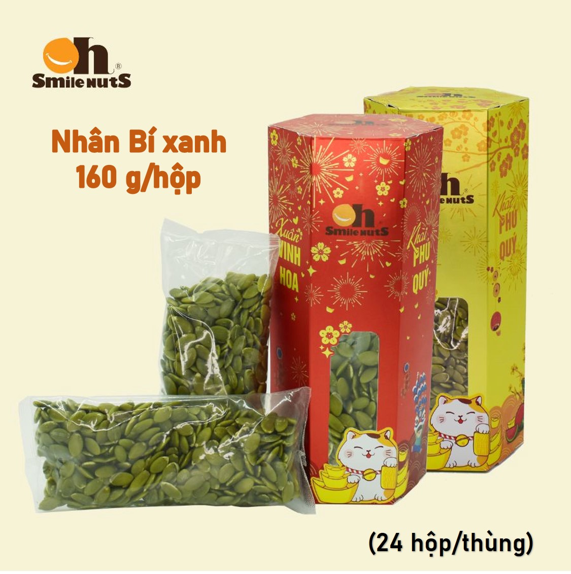 Nhân Hạt Bí Xanh Smile Nuts hộp 160g _ Nhân bí xanh đã nướng nguyên vị, hàng nhập khẩu 100%_ Quà tết hộp lục giác Xuân Quý Mão 2023