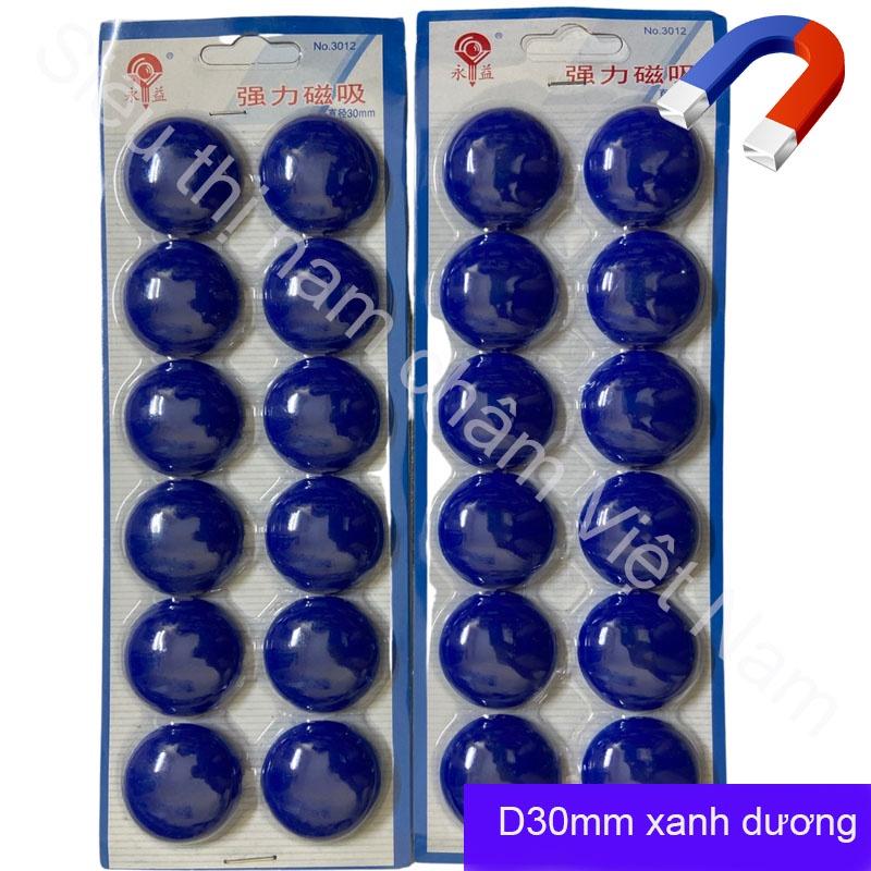 Vỉ nam châm 12 viên đính bảng siêu dính màu xanh dương, nam châm kích thước 30mm