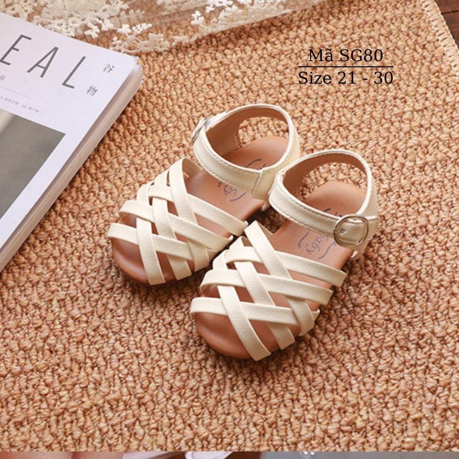 Sandal bé gái MGBABY da mềm đế êm quai đan chéo dép rọ bít mũi búp bê tiểu thư 3 màu đen be trắng 1 - 6 tuổi phong cách SG80