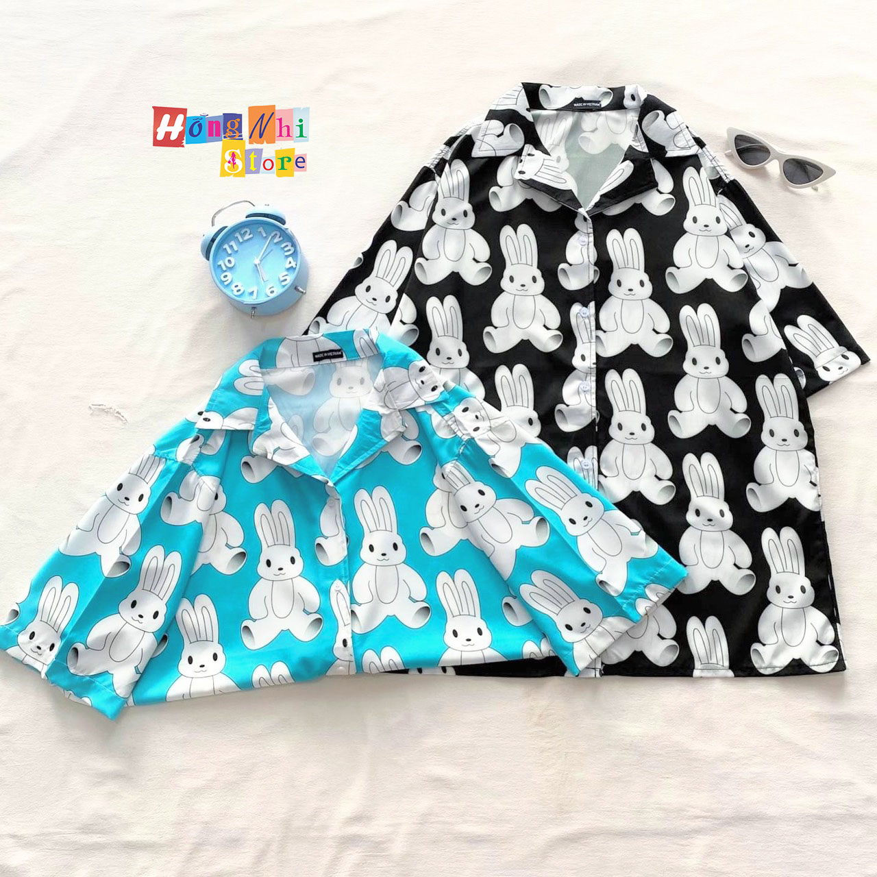 Áo Sơ Mi Hoạ Tiết Đi Biển Con Thỏ Trắng Hoạt Hình Tay Lỡ Dáng Rộng Ulzzang Unisex - MM