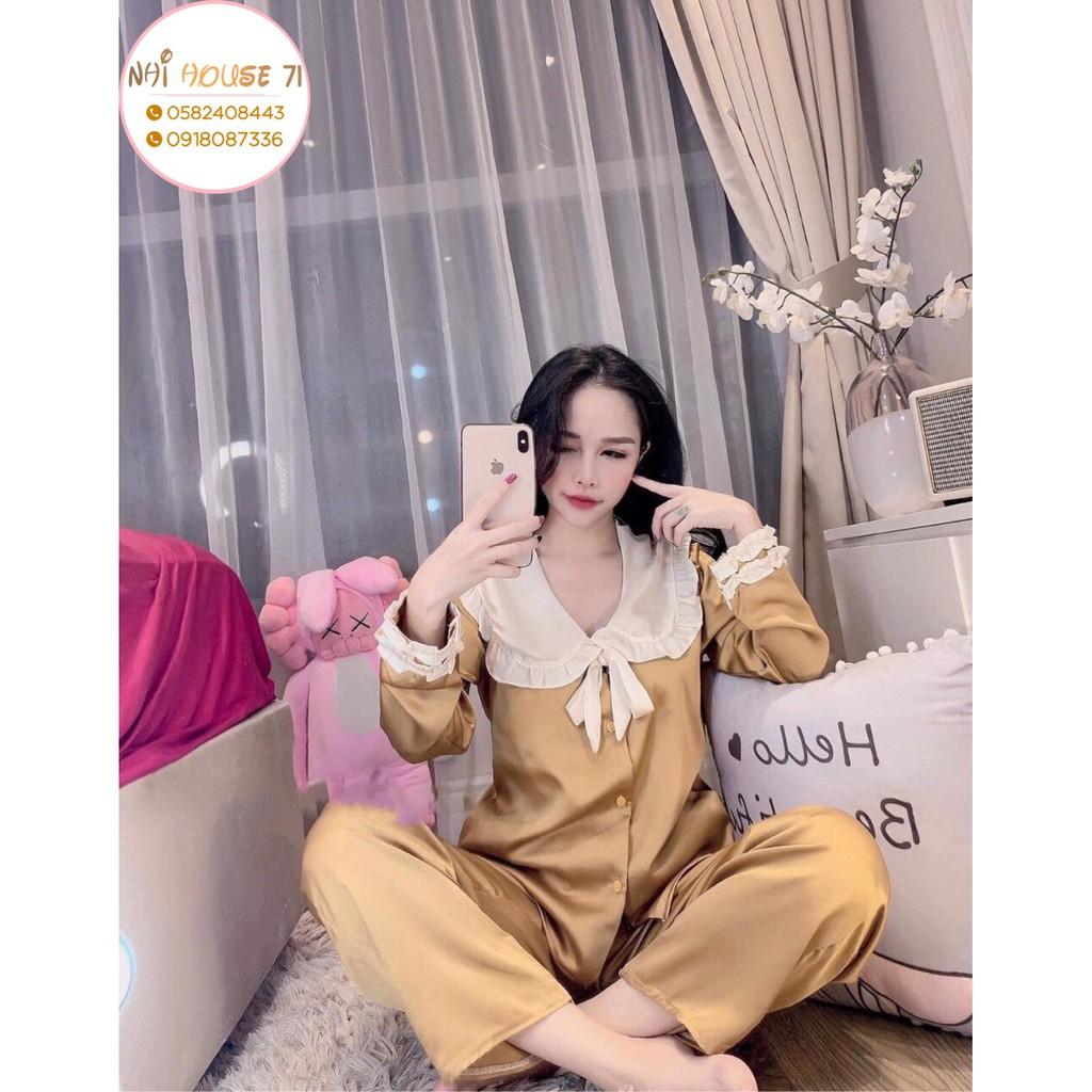  Bộ lụa Pijama - Bộ Quần Dài Tay Dài Lụa Satin Tiểu Thư Cổ Phối Bèo Nơ Freesize 45-65kg