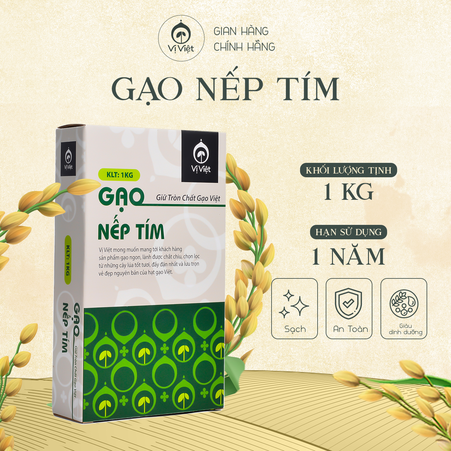 Gạo Nếp Tím Than VỊ VIỆT Cao Cấp, Gói 1 kg, Hỗ trợ giảm cân, Gạo dẻo đậm vị, đặc biệt thơm ngon