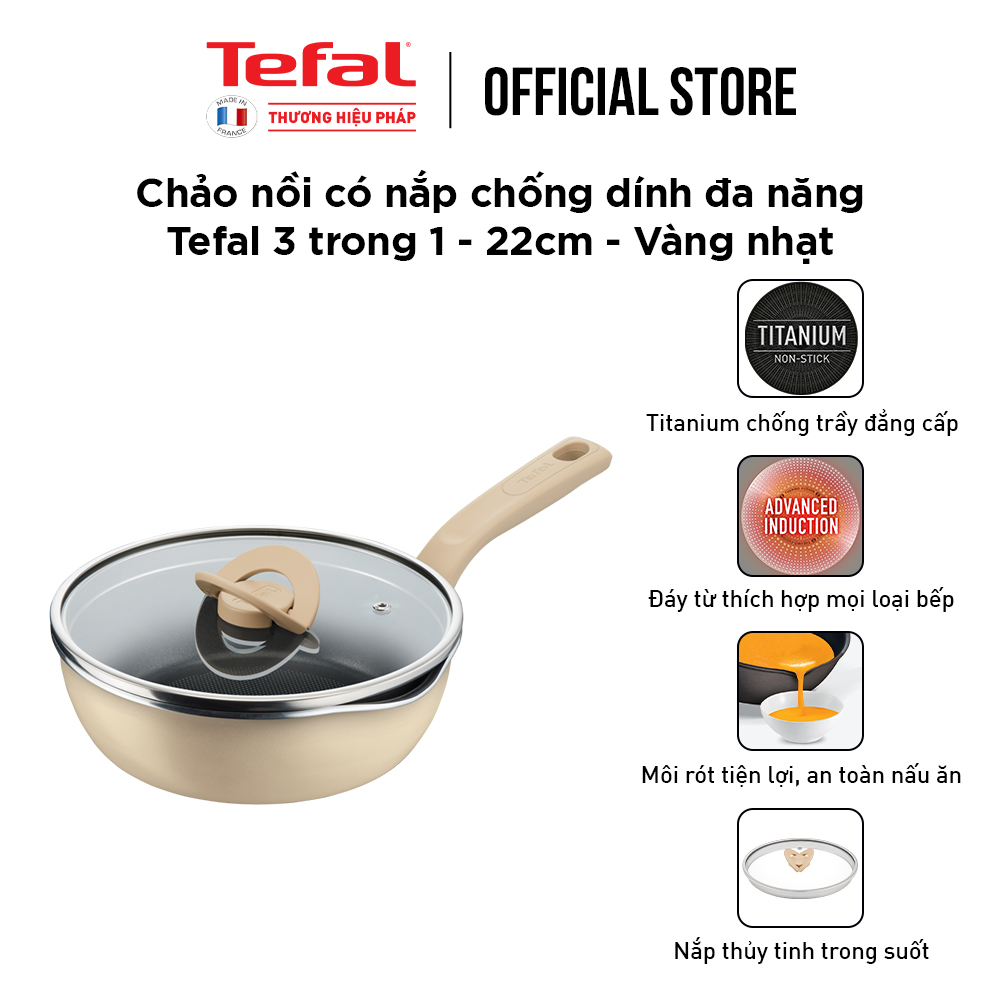 Chảo nồi có nắp chống dính đa năng Tefal One Pick Pot Pan 3 trong 1 - 22cm - Hàng chính hãng