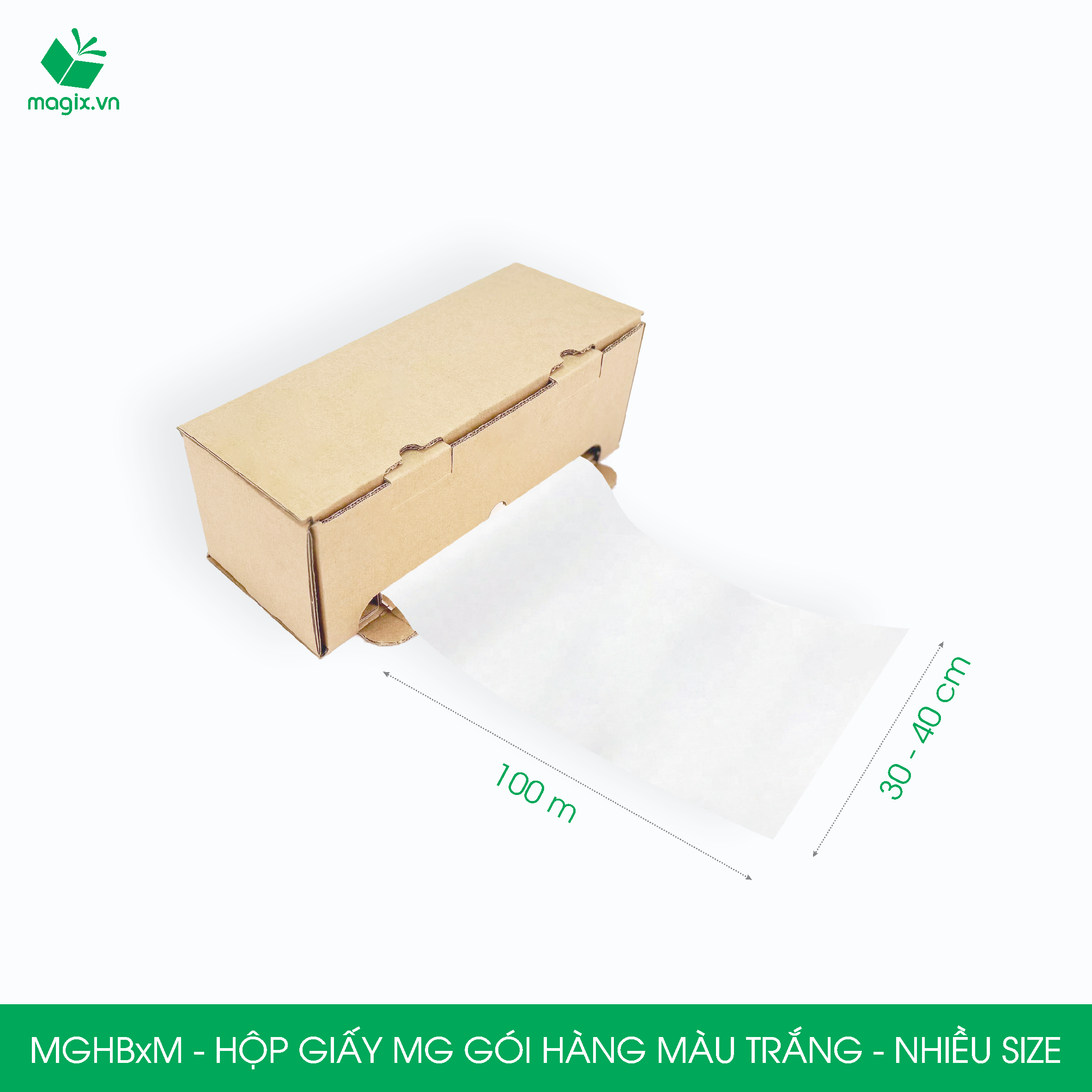 MGHB - Hộp cuộn giấy MG, cuộn giấy Pelure trắng gói hàng, giấy chống ẩm 1 mặt bóng, cuộn giấy bọc hàng thời trang - Nhiều kích thước