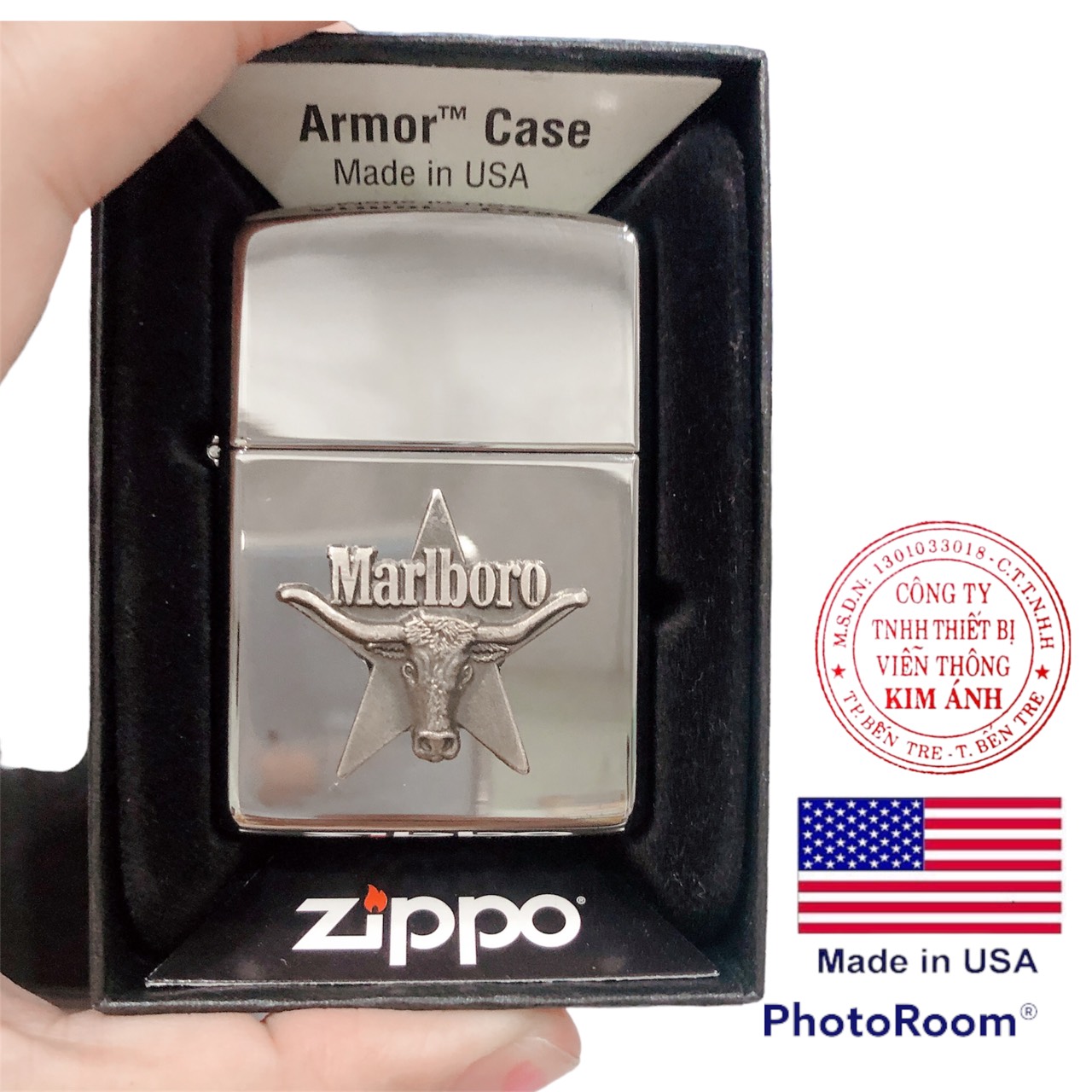 Bật lửa Ziippo Mỹ Armor high polish chrome mã 167, Eblem đầu bò bạc khối nguyên chất, Mộc ngược