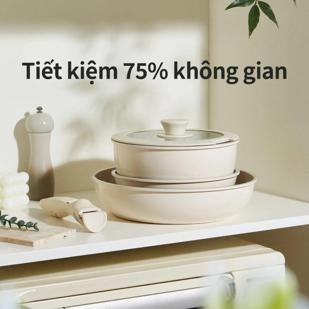 Bộ 3 Nồi Chảo Đá Gốm Chống Dính Mishio 5 Món - Tay Cầm Tháo Rời, Không Chứa PFAS/PTFE/PFOA, Dùng Mọi Loại Bếp - hàng chính hãng